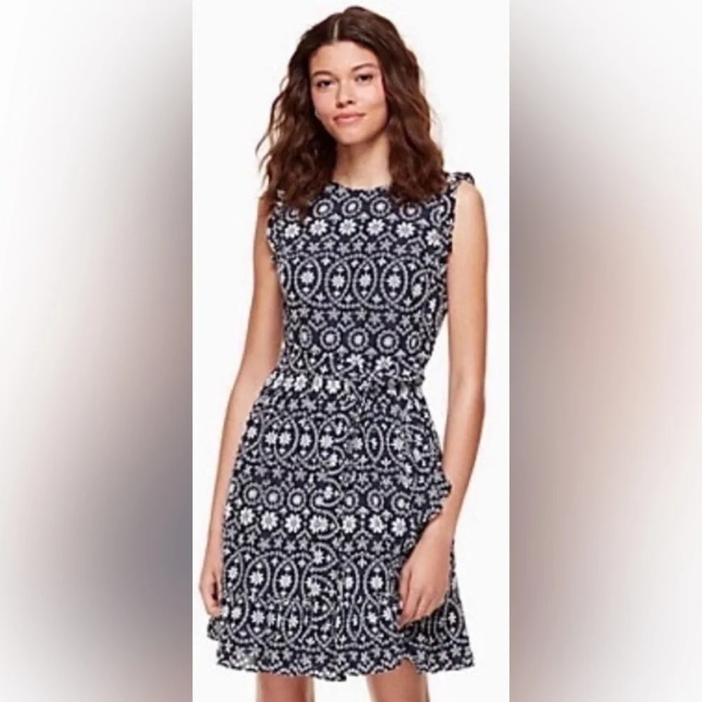 Kate Spade New York Sleeveless Shore Thing Eyelet Dress in Rich Navy/Fresh White